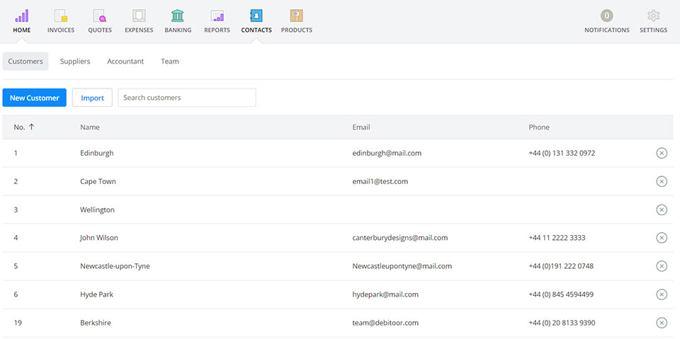 Your synced contacts will appear in your Debitoor invoicing software 'Contacts' tab