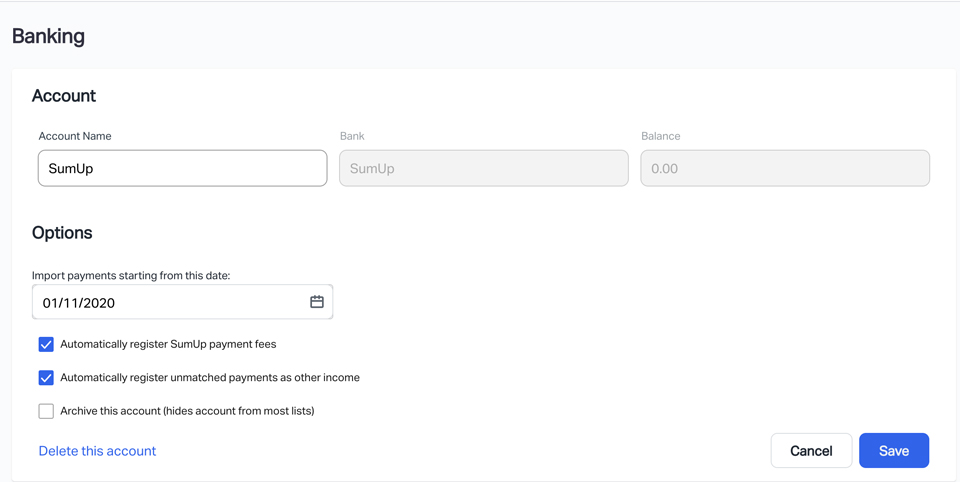 Import SumUp transactions from your chosen date and update with just a click in Debitoor invoicing & accounting software